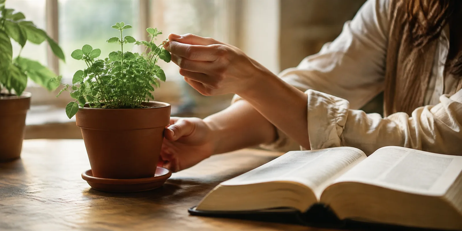 Manos de una mujer cuidando una planta en maceta junto a una Biblia abierta, con luz de ventana