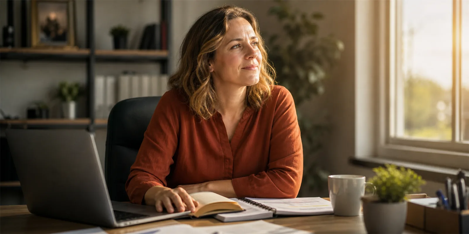 Mujer sentada en su escritorio, con el computador y una Biblia abierta, mirando por la ventana con calma
