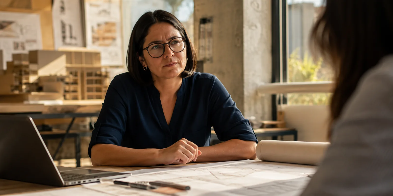 Mujer con lentes sentada a su mesa de trabajo, con las manos juntas, pensando