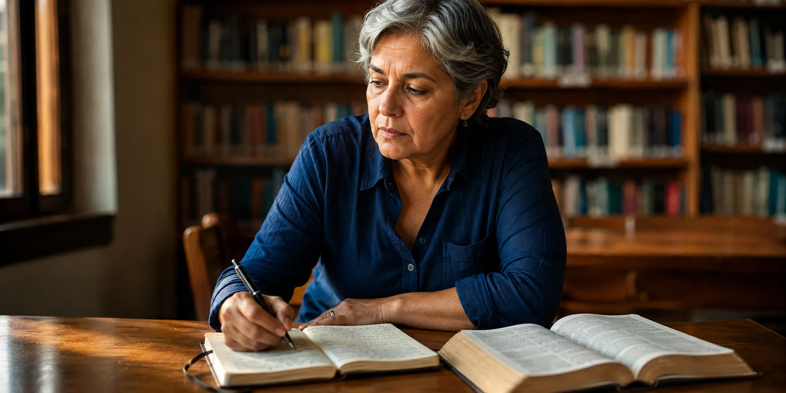 Mujer mayor escribiendo en su cuaderno junto a una Biblia abierta, en una biblioteca