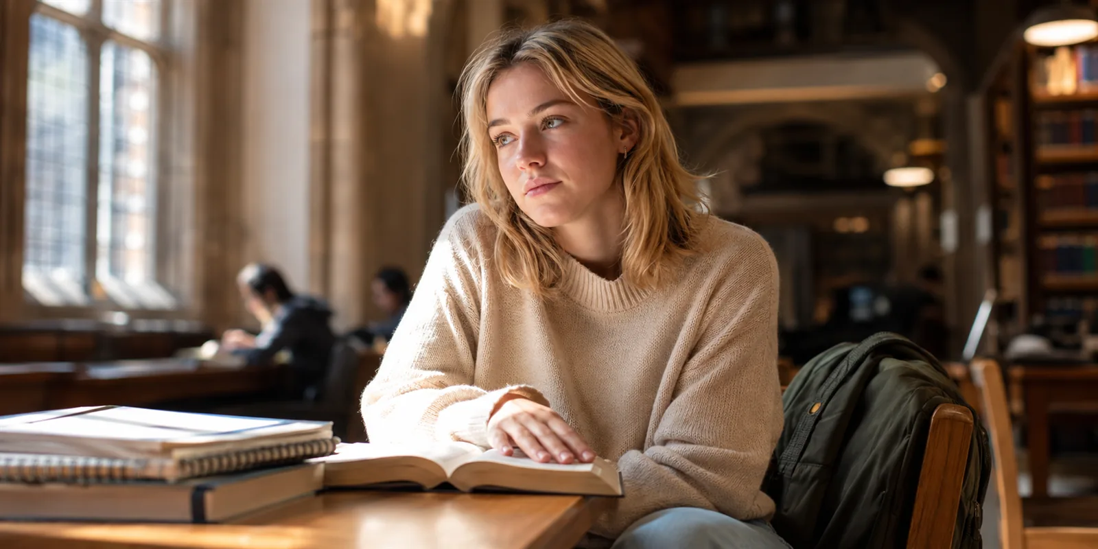 Mujer joven en una biblioteca con la mirada perdida, con libros abiertos frente a ella