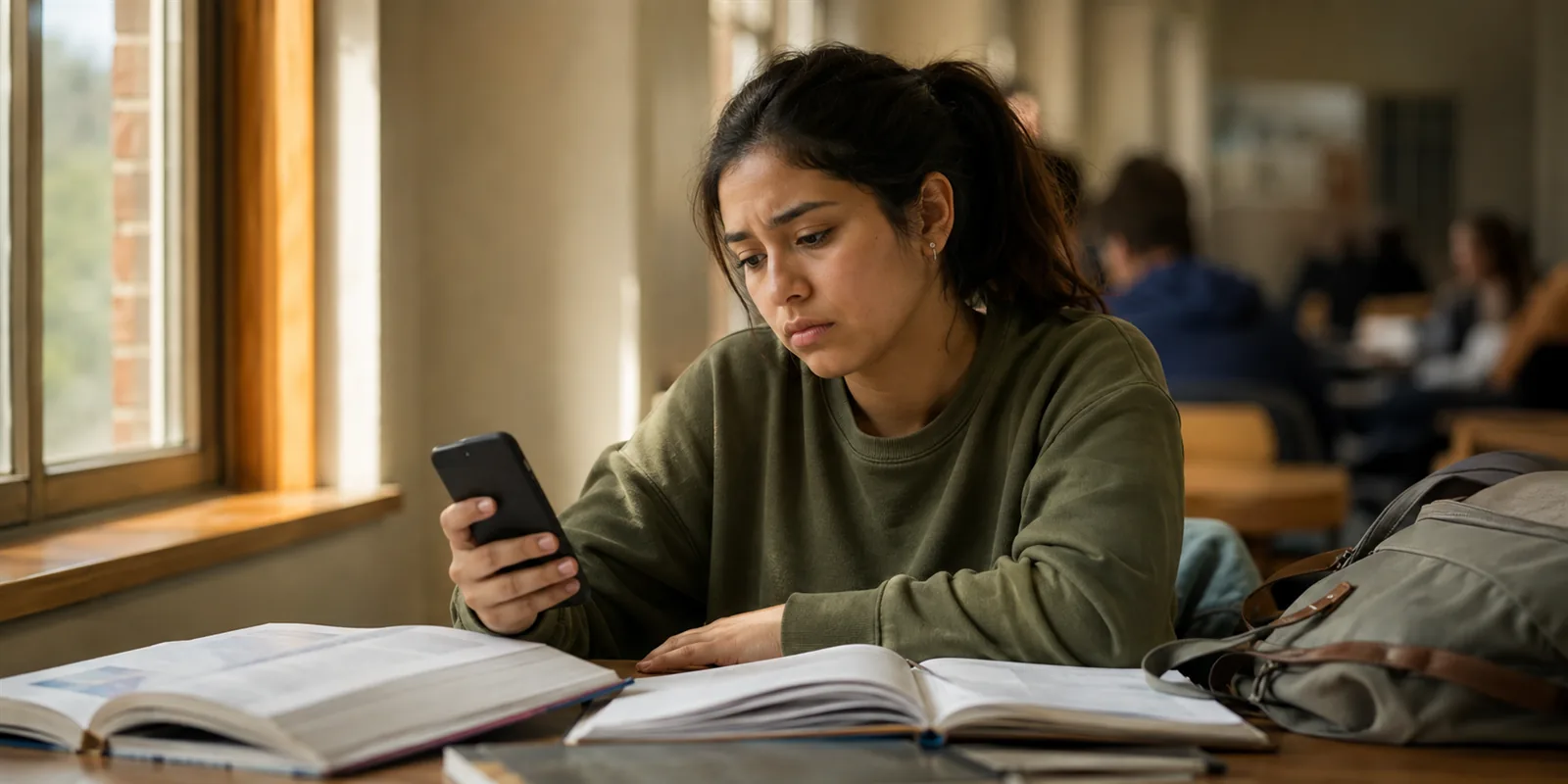 Mujer joven mirando su teléfono con gesto preocupado, con un libro abierto sobre la mesa