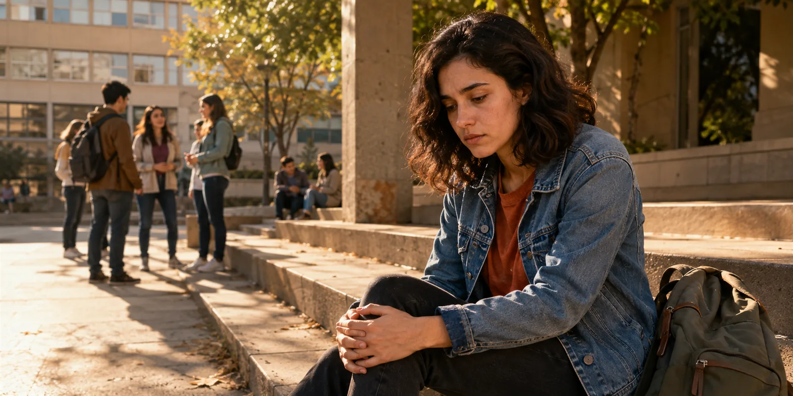 Mujer joven sentada sola en unas escaleras, cabizbaja, mientras un grupo conversa al fondo