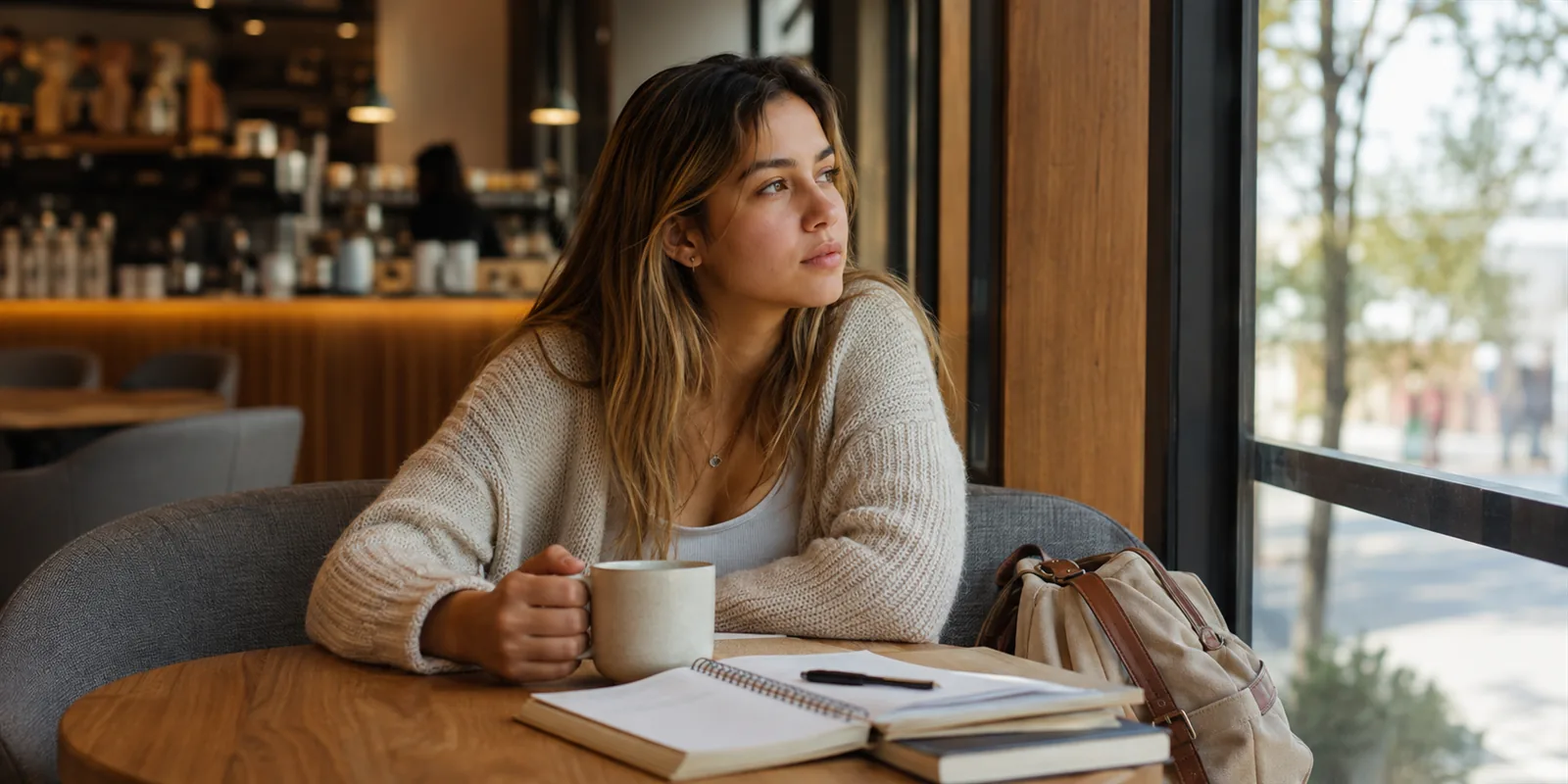 Mujer con una taza entre las manos, mirando por la ventana de un café, serena